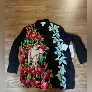 Diane Gilman Black Shirt with Colorful Floral and Bird Design